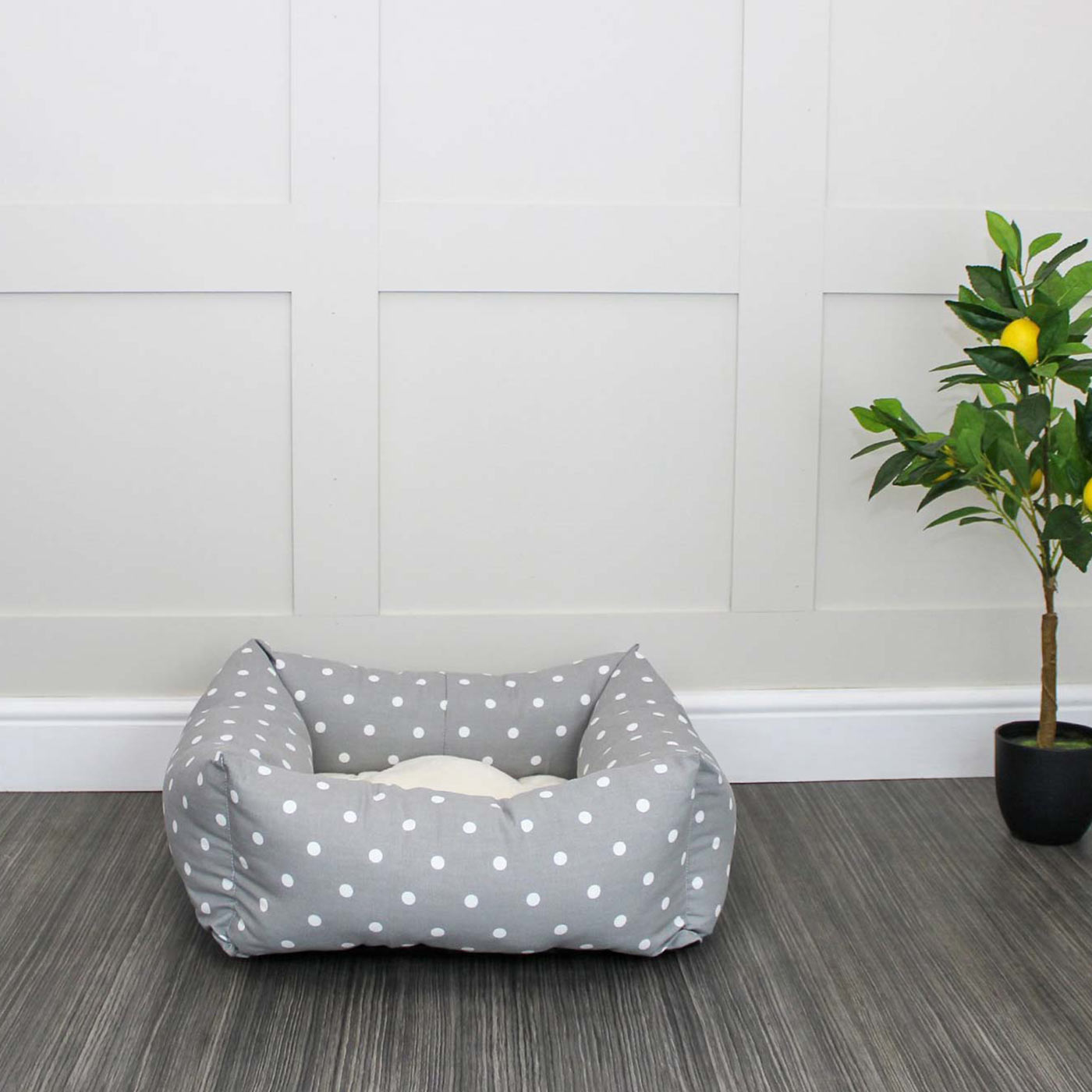 Luxury, Handmade Box Bed For Dogs, A Stunning Grey Spot Dog Bed Perfect For Your Pets Nap Time! Available at Lords & Labradors