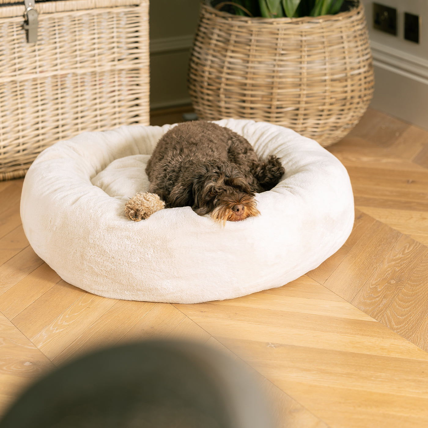 Luxury Donut Anti-Anxiety Dog Bed, In Stunning Cream Faux Fur, Perfect For Your Pets Nap Time! Available Now at Lords & Labradors