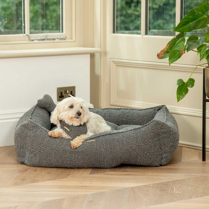 Discover This Luxurious Box Bed For Dogs, Made Using Beautiful Boucle Fabric To Craft The Perfect Dog Box Bed! In Stunning Granite Bouclé, Available To Personalise Now at Lords & Labradors    