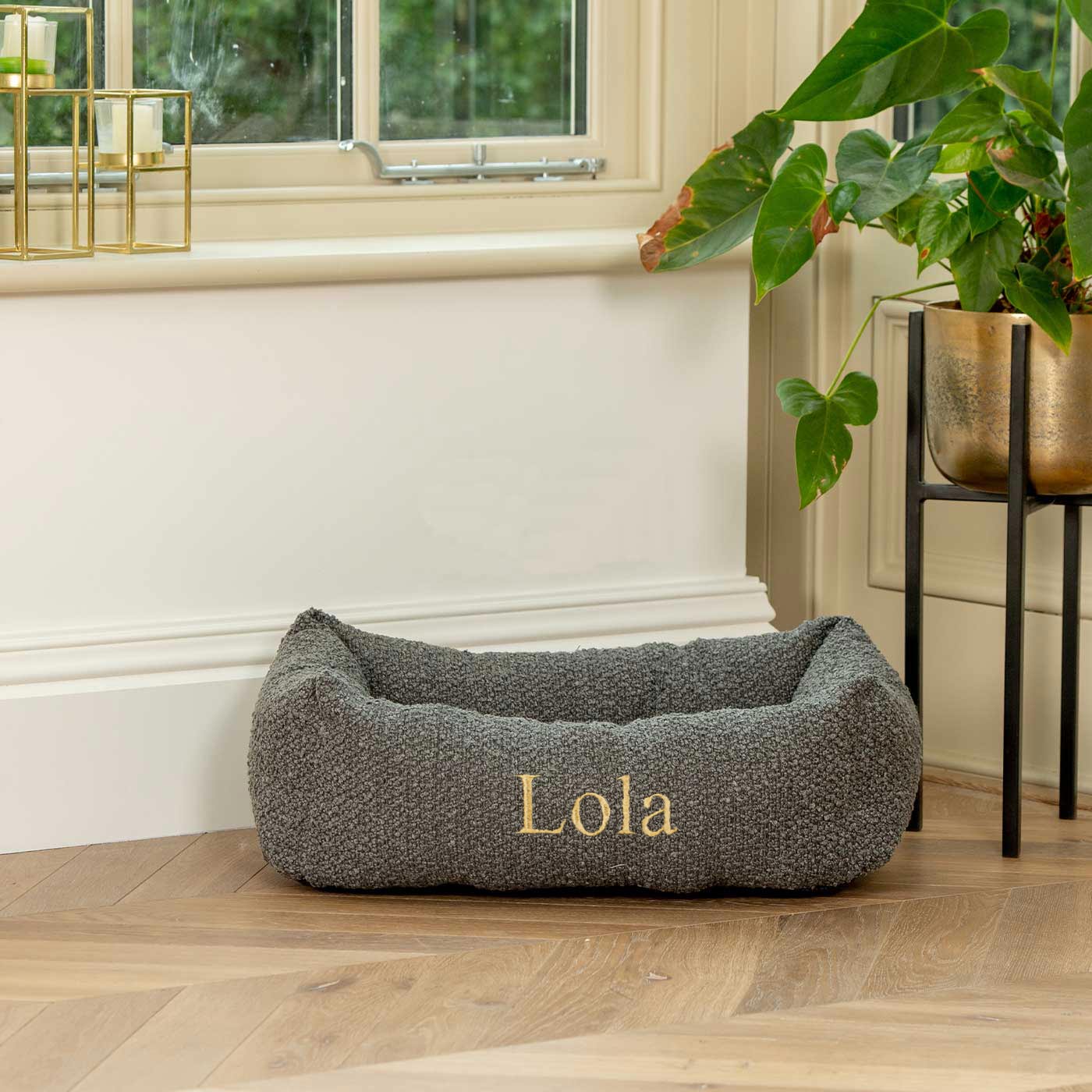  Cosy & Calm Puppy Crate Bed, The Perfect Dog Crate Accessory For The Ultimate Dog Den! In Stunning Granite Bouclé! Available To Personalise at Lords & Labradors 