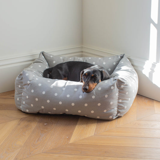 Luxury, Handmade Box Bed For Dogs, A Stunning Grey Spot Dog Bed Perfect For Your Pets Nap Time! Available at Lords & Labradors