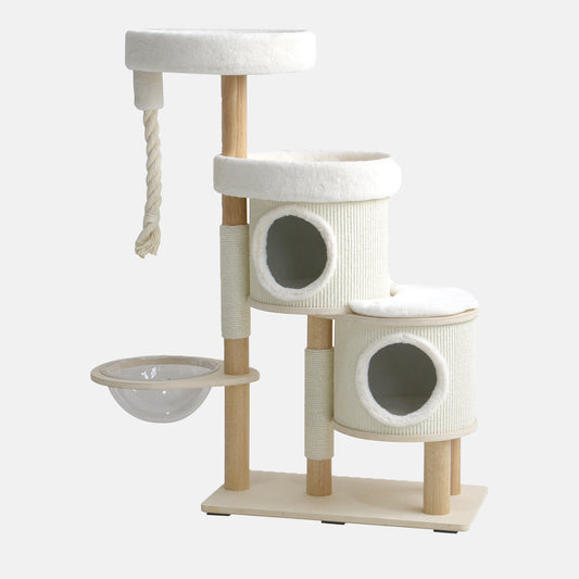 Discover The Multi-Level Wooden Cat Tree, Perfect For Cats Playtime or Burrow! Features A Cosy Hammock To Curl Up In & Sisal Covered Posts For Cats Who Love To Scratch! Available Now at Lords & Labradors      