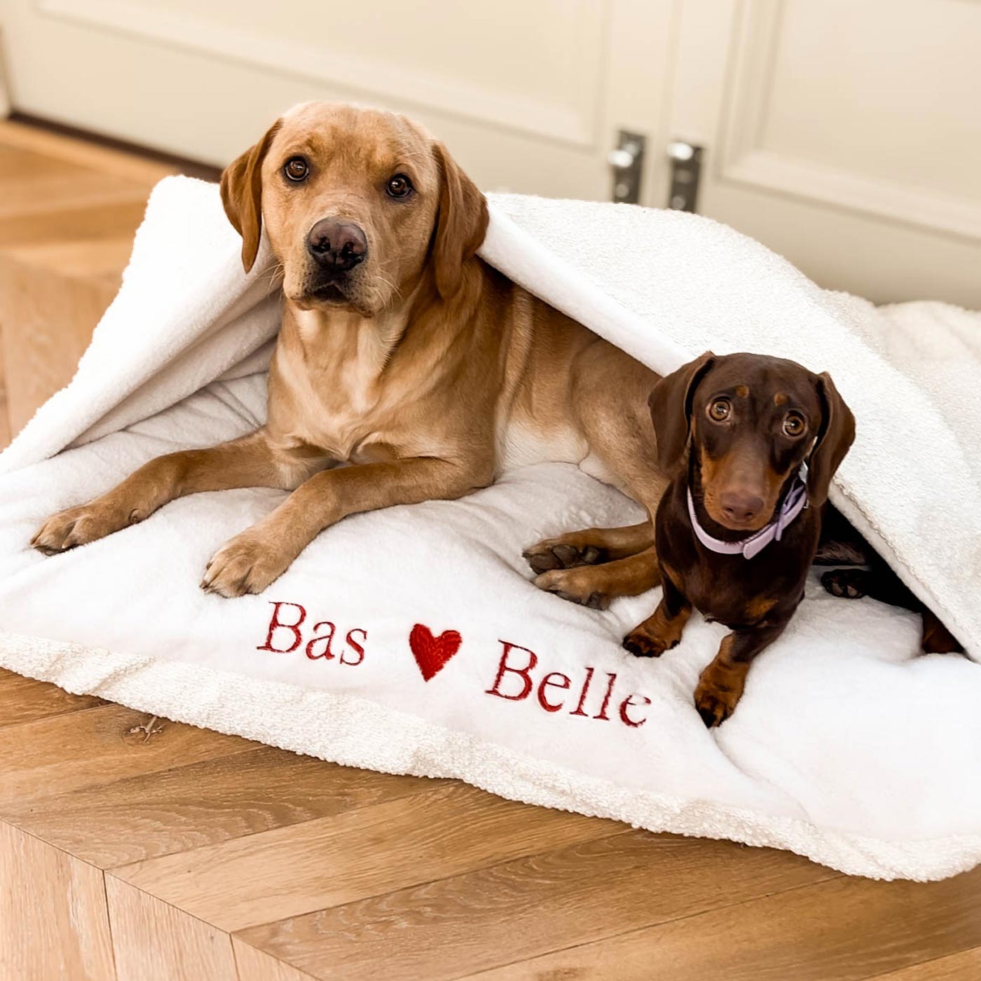 Luxury Ivory Boucle Sleepy Burrow Valentine Edition, The Perfect bed For a Pet to Burrow. Available To Personalise In Stunning Ivory Bouclé Here at Lords & Labradors