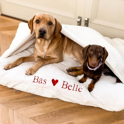 Luxury Ivory Boucle Sleepy Burrow Valentine Edition, The Perfect bed For a Pet to Burrow. Available To Personalise In Stunning Ivory Bouclé Here at Lords & Labradors