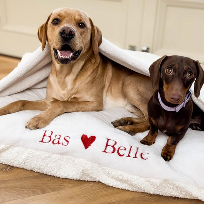 Luxury Ivory Boucle Sleepy Burrow Valentine Edition, The Perfect bed For a Pet to Burrow. Available To Personalise In Stunning Ivory Bouclé Here at Lords & Labradors