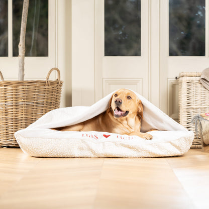 Luxury Ivory Boucle Sleepy Burrow Valentine Edition, The Perfect bed For a Pet to Burrow. Available To Personalise In Stunning Ivory Bouclé Here at Lords & Labradors