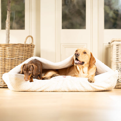 Luxury Ivory Boucle Sleepy Burrow Valentine Edition, The Perfect bed For a Pet to Burrow. Available To Personalise In Stunning Ivory Bouclé Here at Lords & Labradors