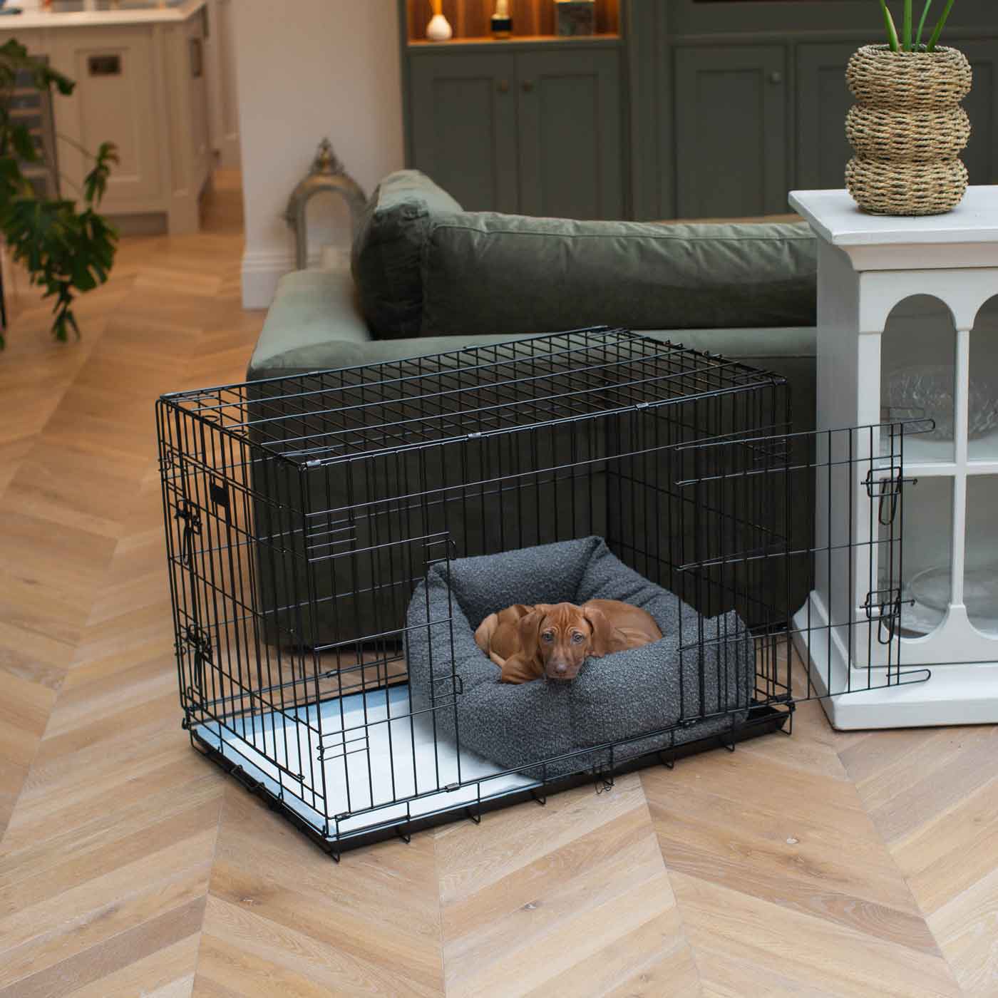 Cosy & Calming Puppy Crate Bed in Granite Bouclé by Lords & Labradors