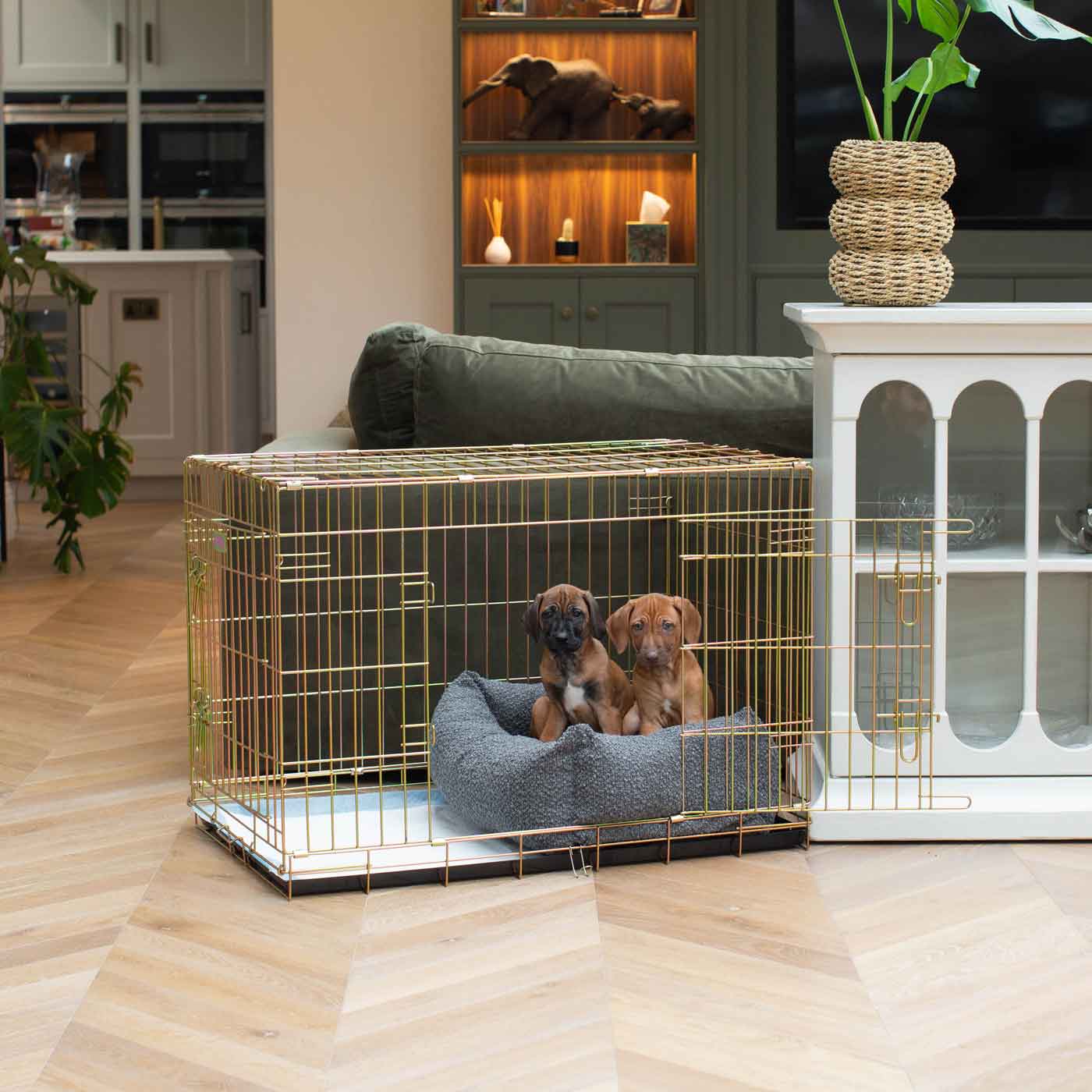 Discover Our Heavy-Duty Dog Crate With Granite Bouclé Cosy & Calming Puppy Crate Bed Set! The Perfect Crate Bed For Pet Burrow. Available To Personalise Here at Lords & Labradors 