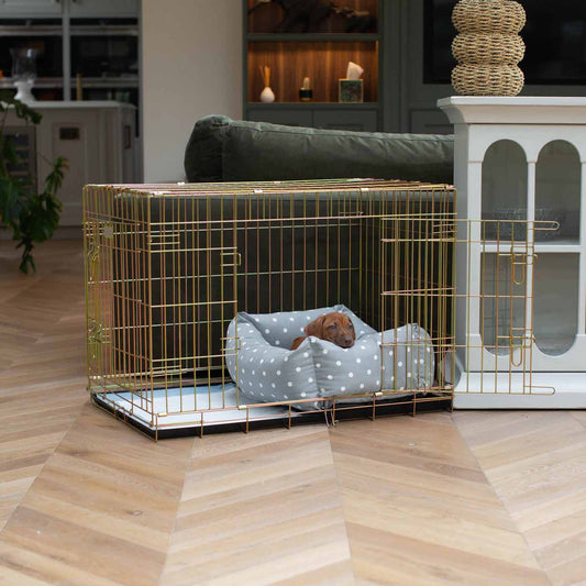 Discover Our Heavy-Duty Dog Crate With Grey Spot Cosy & Calming Puppy Crate Bed Set! The Perfect Crate Bed For Pet Burrow. Available To Personalise Here at Lords & Labradors 