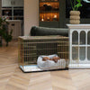 Gold Dog Crate with Mink Bouclé Cosy & Calming Puppy Crate Bed Set By Lords & Labradors
