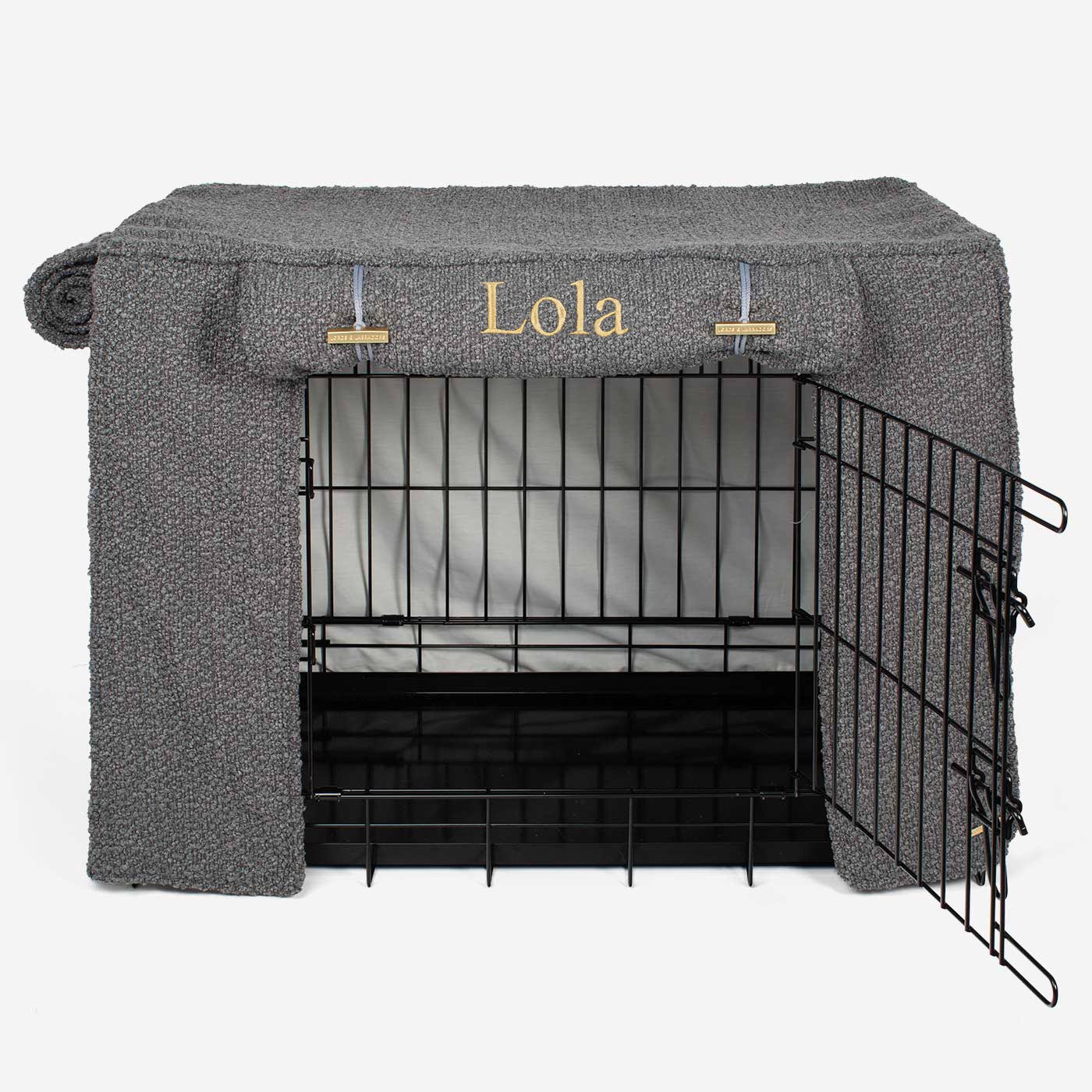 Discover our Luxury Dog Crate Cover, in Granite Boucle. The Perfect Dog Crate Accessory, Available To Personalise Now at Lords & Labradors