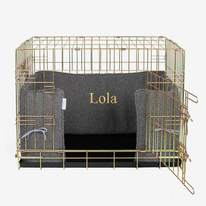 Luxury Dog Crate Bumper, Bouclé Crate Bumper Cover, in Granite Boucle. The Perfect Dog Crate Accessory, Available Now at Lords & Labradors