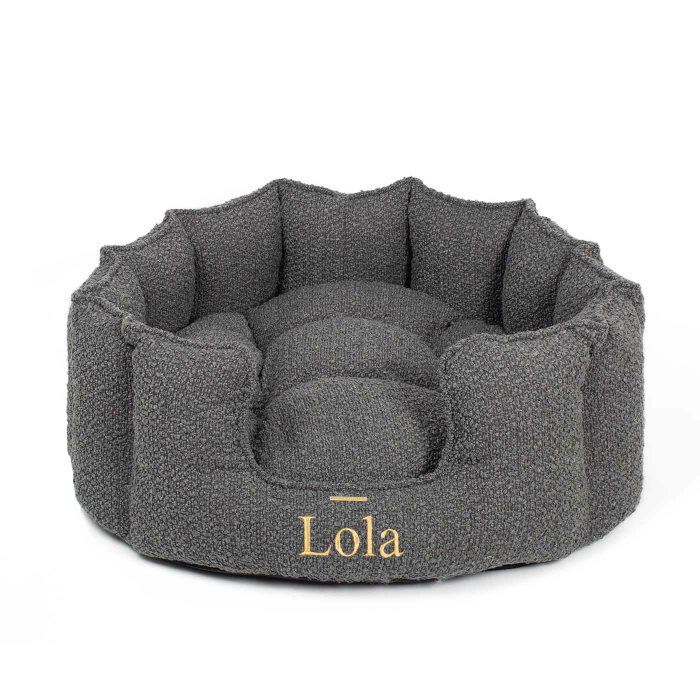Discover Our Luxurious High Wall Bed For Cats & Kittens, Featuring inner pillow with plush teddy fleece on one side To Craft The Perfect Cat Bed In Stunning Granite Boucle! Available To Personalise Now at Lords & Labradors    