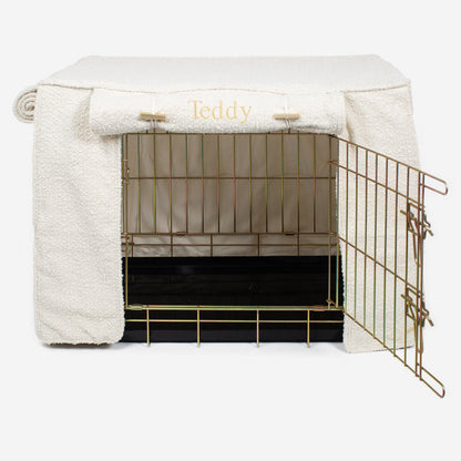 Discover our Luxury Dog Crate Cover, in Ivory Boucle. The Perfect Dog Crate Accessory, Available To Personalise Now at Lords & Labradors