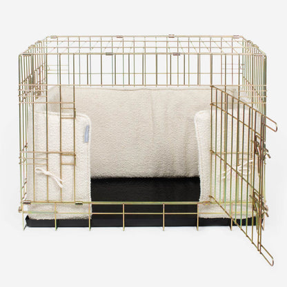 Luxury Dog Crate Bumper, Bouclé Crate Bumper Cover, in Ivory Boucle. The Perfect Dog Crate Accessory, Available Now at Lords & Labradors