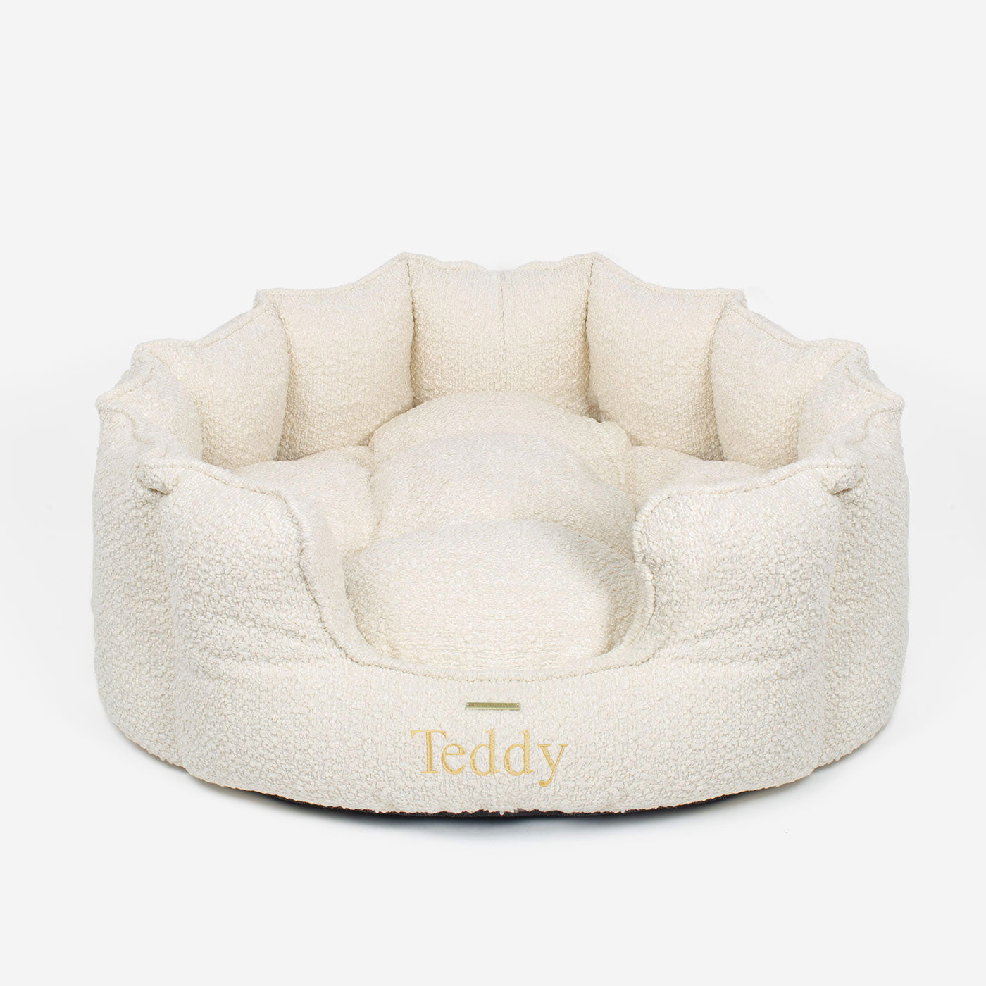 Discover Our Luxurious High Wall Bed For Cats & Kittens, Featuring inner pillow with plush teddy fleece on one side To Craft The Perfect Cat Bed In Stunning Ivory Boucle! Available To Personalise Now at Lords & Labradors 
