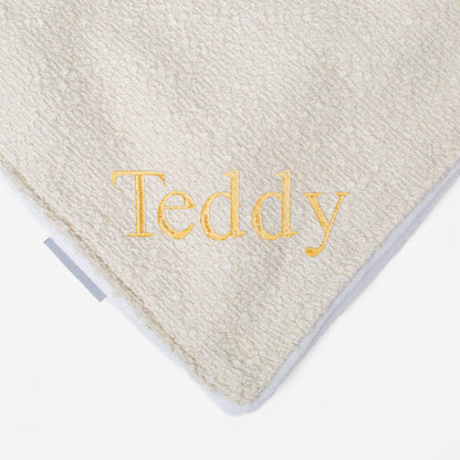 Discover Our Luxurious Dog Blanket In Luxury Ivory Bouclé Super Soft Sherpa & Teddy Fleece Lining, The Perfect Blanket For Puppies, Available To Personalise And In 2 Sizes Here at Lords & Labradors