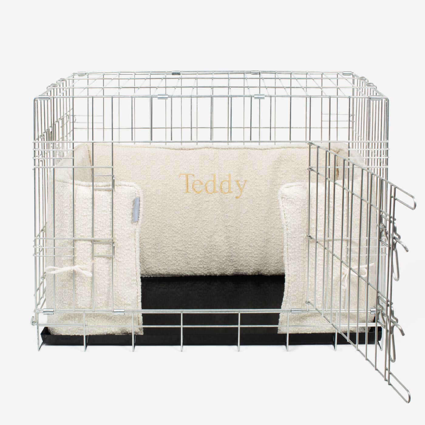 Luxury Dog Crate Bumper, Bouclé Crate Bumper Cover, in Ivory Boucle. The Perfect Dog Crate Accessory, Available Now at Lords & Labradors