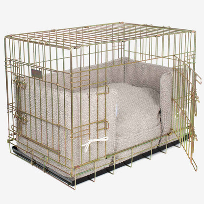 Discover Our Heavy-Duty Dog Crate With Mink Bouclé Cushion & Bumper! The Perfect Crate Accessories. Available To Personalise Here at Lords & Labradors