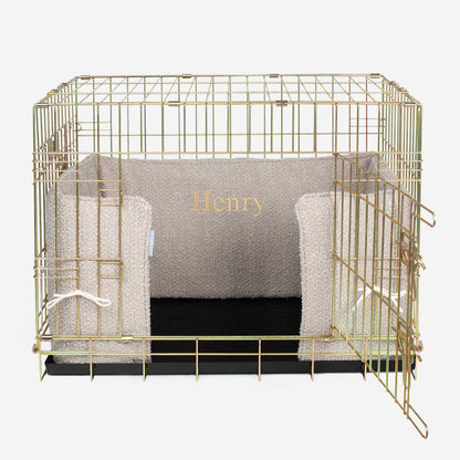 Luxury Dog Crate Bumper, Bouclé Crate Bumper Cover, in Mink Boucle. The Perfect Dog Crate Accessory, Available Now at Lords & Labradors