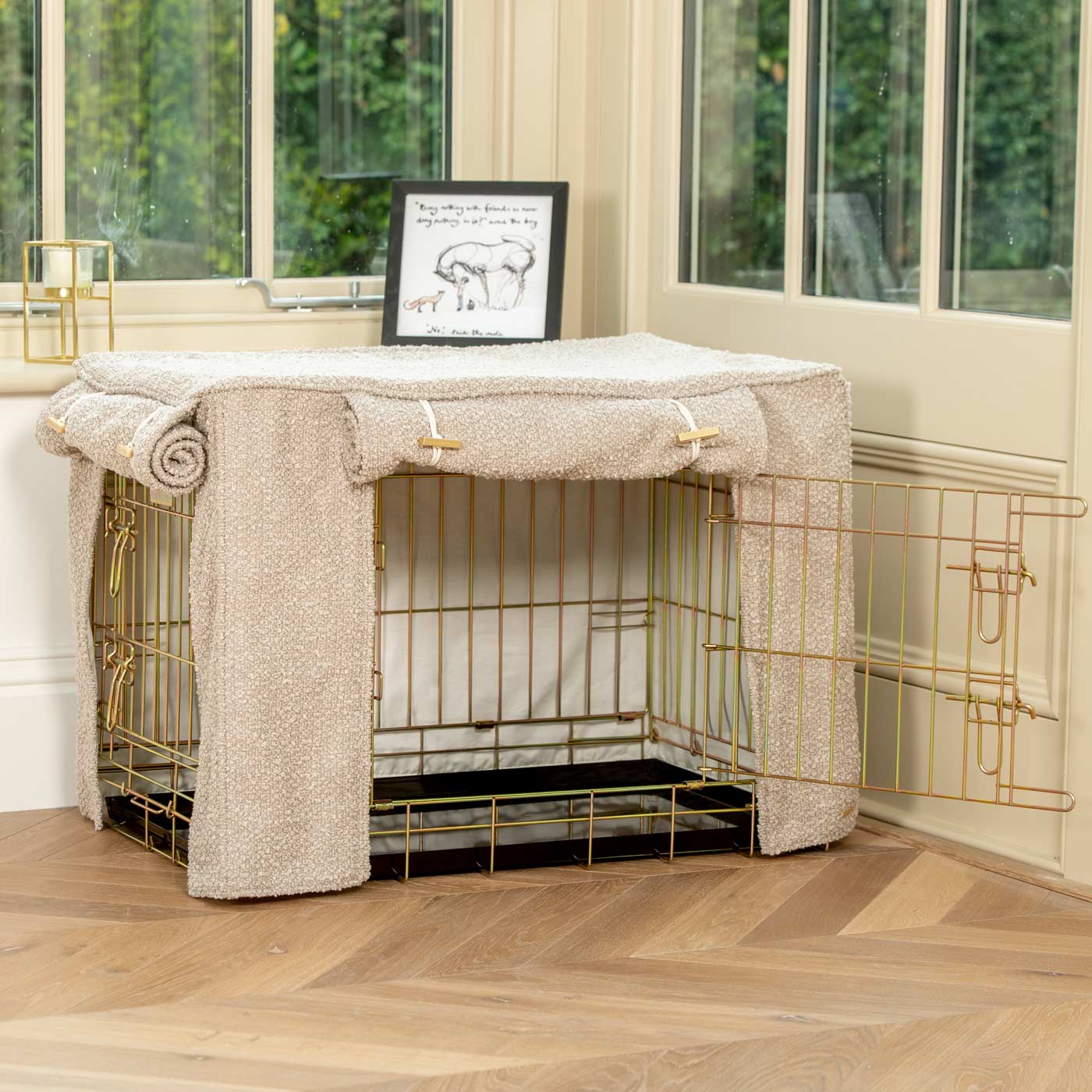 [colour:mink boucle] Discover Our Gold Heavy-Duty Dog Crate With Mink Bouclé Crate Cover! The Perfect Crate Accessory For The Ultimate Pet Den. Available To Personalise Here at Lords & Labradors