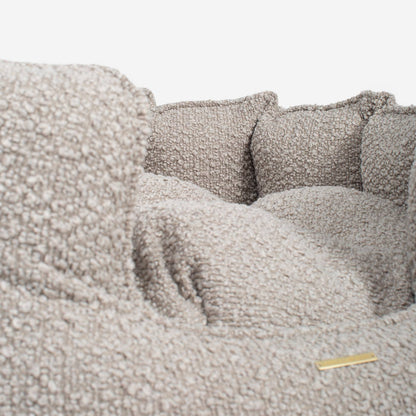 Discover Our Luxurious High Wall Bed For Dogs, Featuring inner pillow with plush teddy fleece on one side To Craft The Perfect Dogs Bed In Stunning Mink Bouclé! Available To Personalise Now at Lords & Labradors    