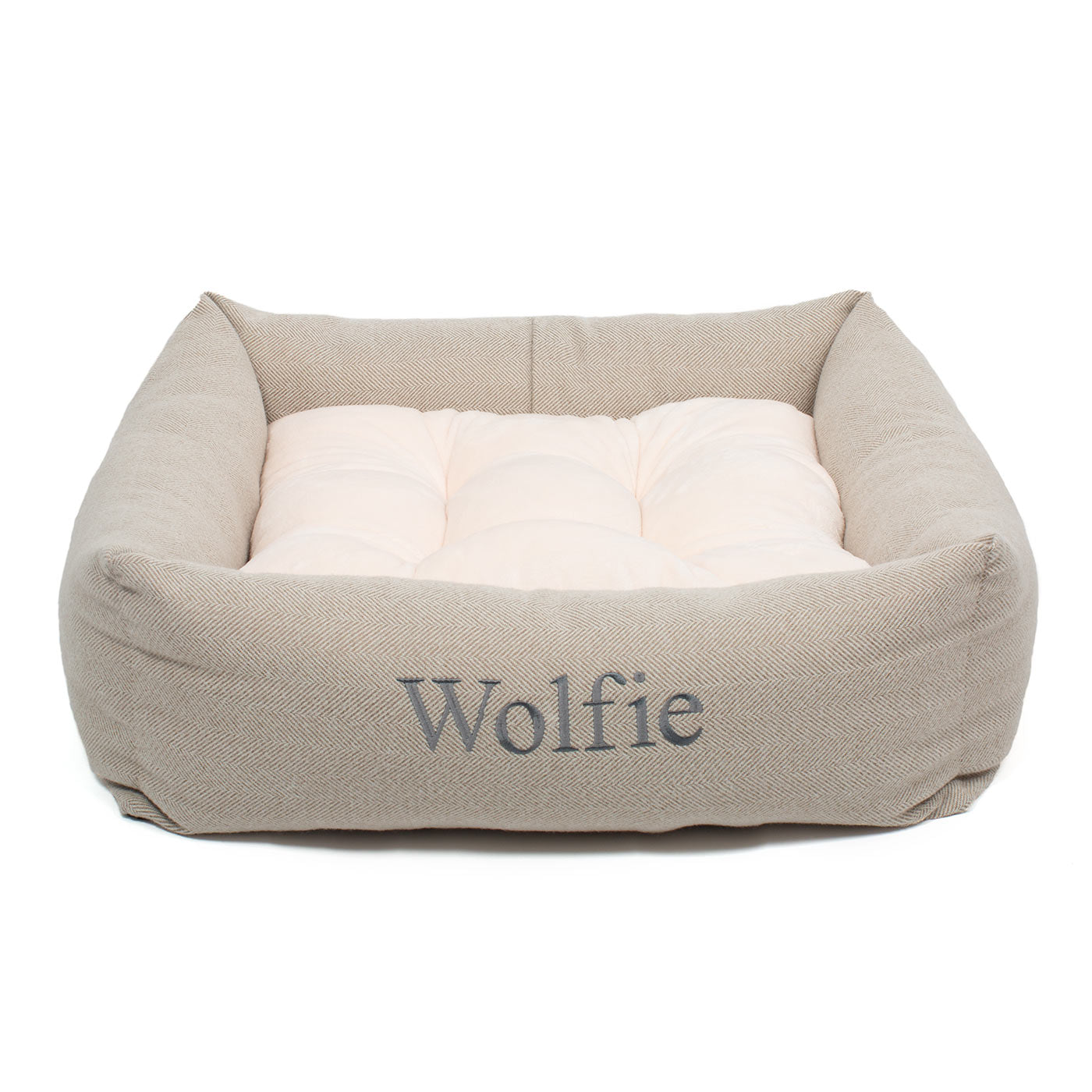 Discover This Luxurious Box Bed For Dogs, Made Using Beautiful Herringbone Fabric To Craft The Perfect Dog Box Bed! In Natural Herringbone, Available To Personalise Now at Lords & Labradors 