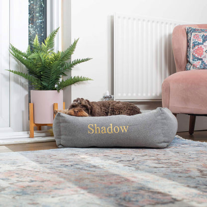 Discover This Luxurious Box Bed For Dogs, Made Using Beautiful Herringbone Fabric To Craft The Perfect Dog Box Bed! In Pewter Herringbone, Available To Personalise Now at Lords & Labradors 