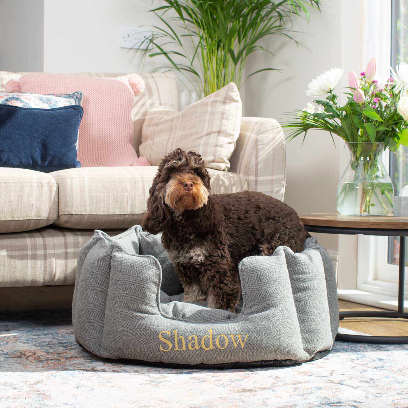 Discover Our Luxurious High Wall Bed For Dogs, Featuring inner pillow with plush teddy fleece on one side To Craft The Perfect Dogs Bed In Stunning Pewter Herringbone Tweed! Available To Personalise Now at Lords & Labradors    