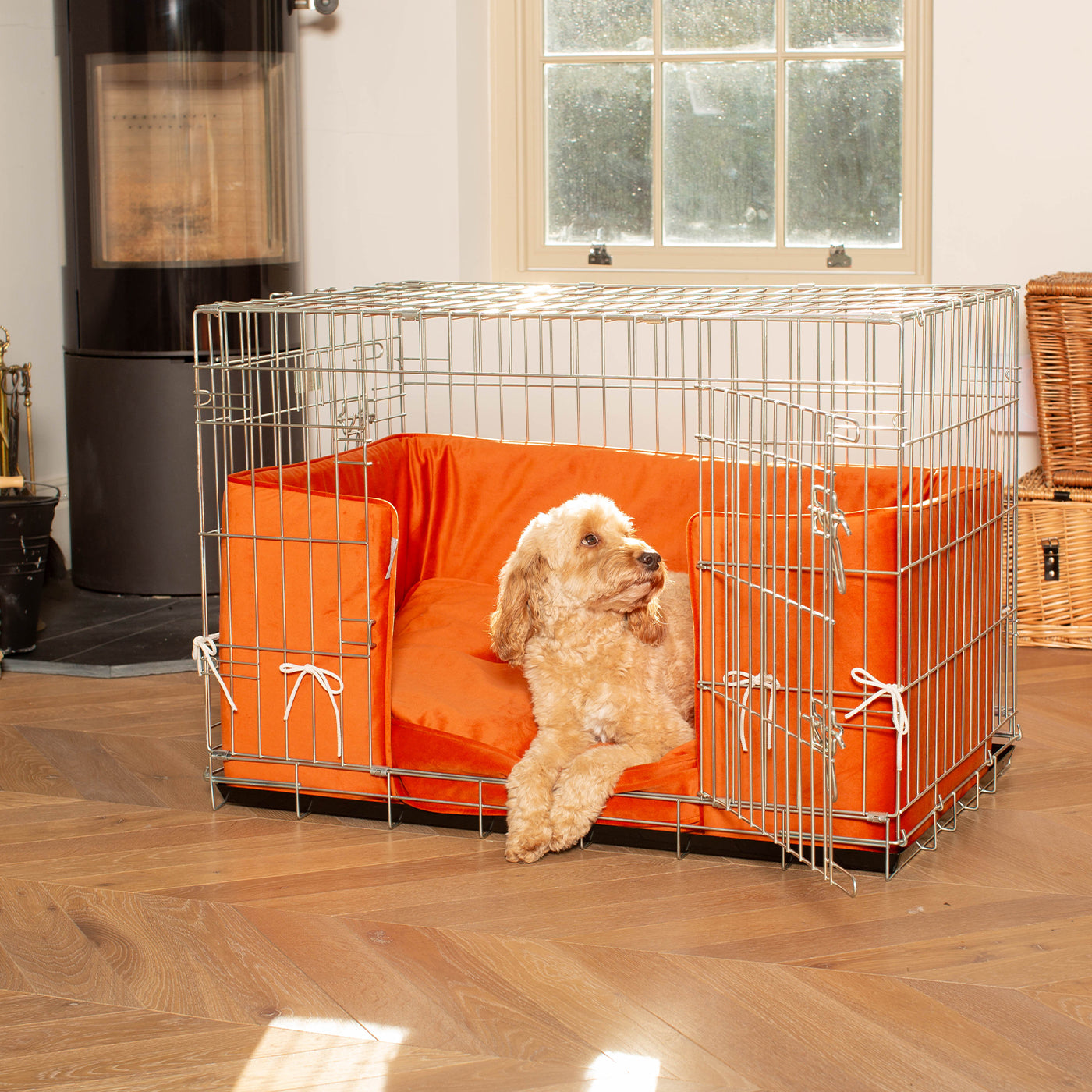 Dog Crate with Cushion & Bumper in Pumpkin Velvet by Lords & Labradors
