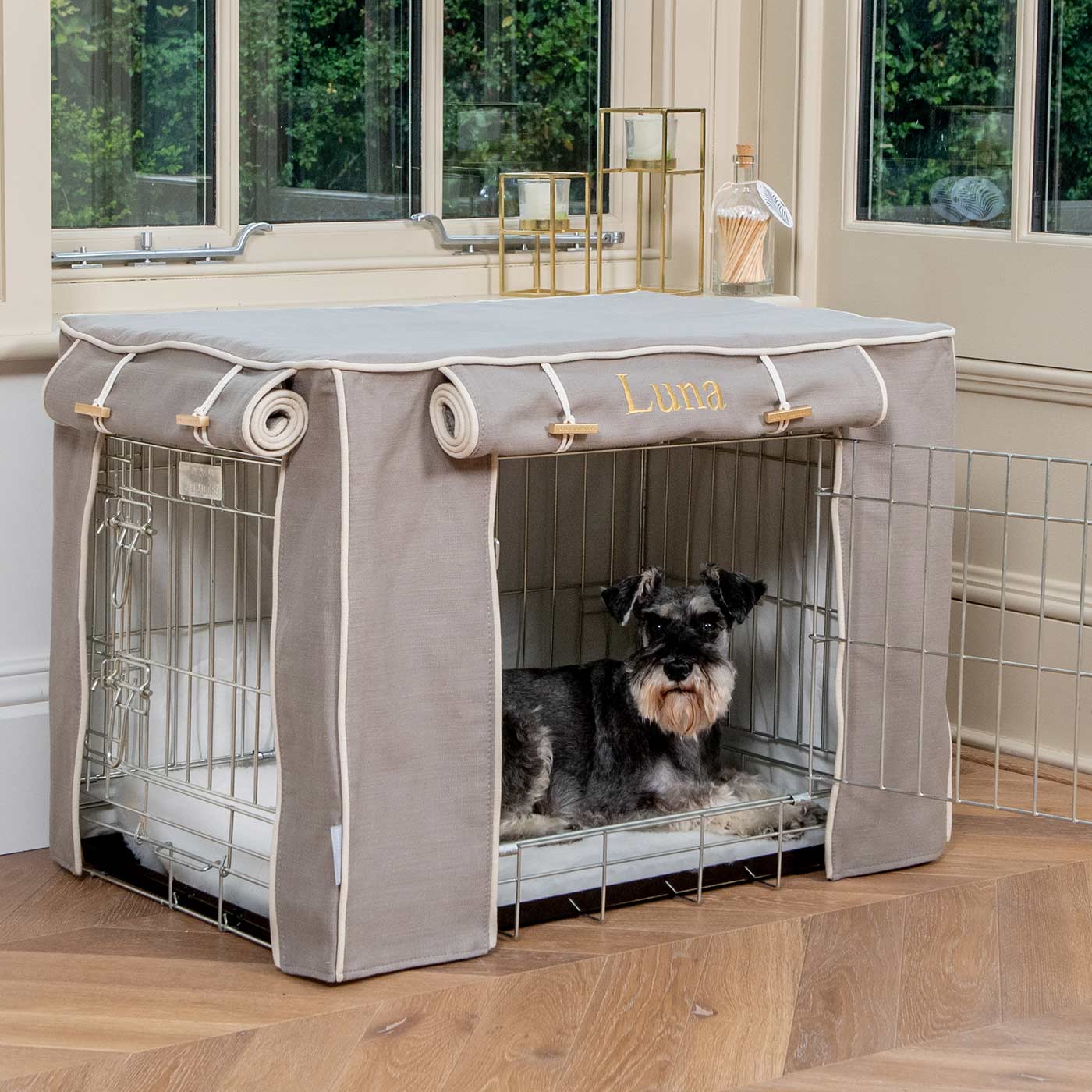 Discover our Luxury Dog Crate Cover, in Savanna Stone. The Perfect Dog Crate Accessory, Available To Personalise Now at Lords & Labradors