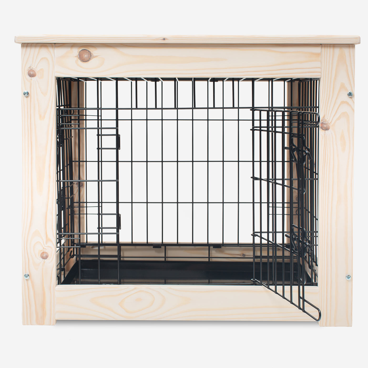 Illustration of Live Edge Wood Crate For Dogs With Mesh Panels