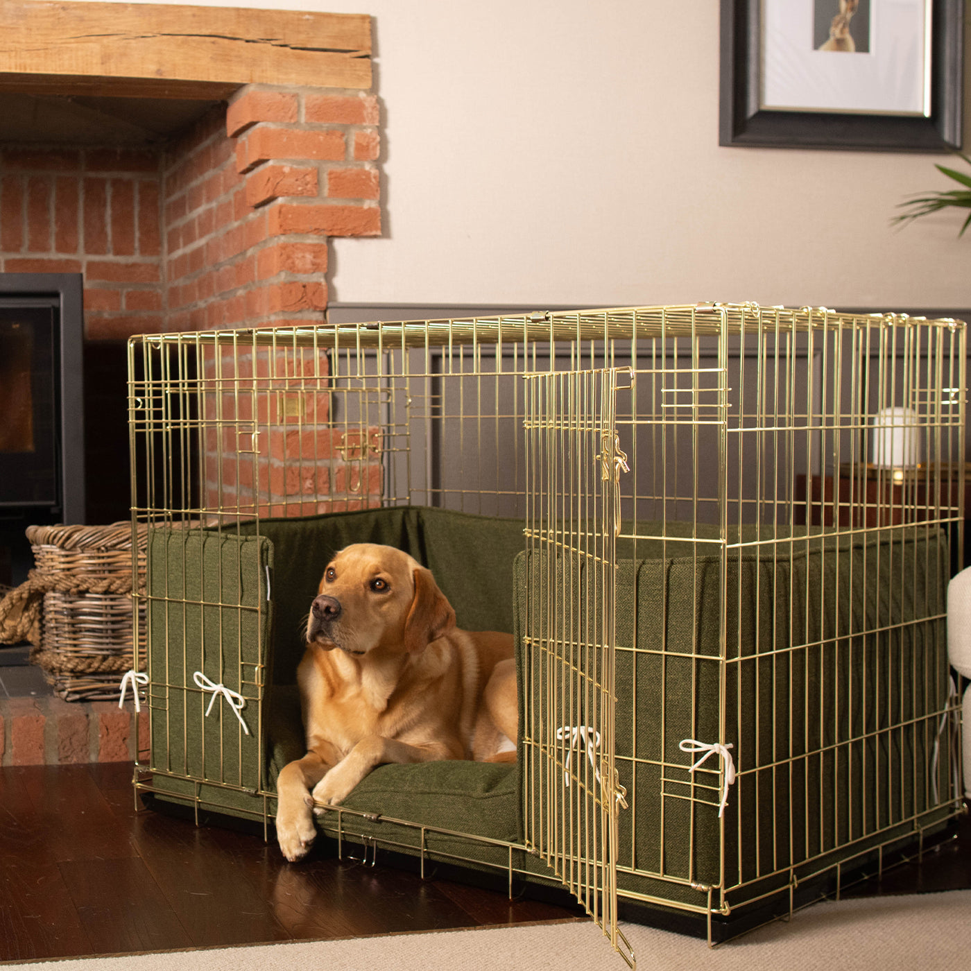 Dog Crate with Cushion & Bumper in Moss Orkney Tweed by Lords & Labradors