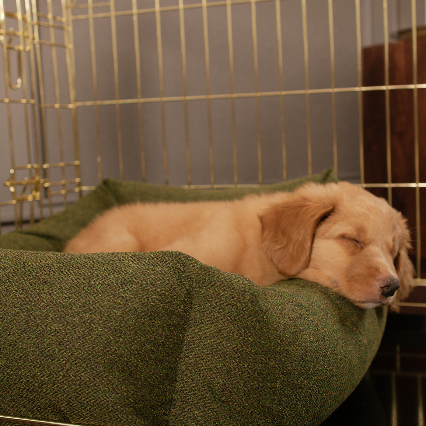 Cosy & Calming Puppy Crate Bed With Removable Covers In Moss Orkney Tweed by Lords & Labradors