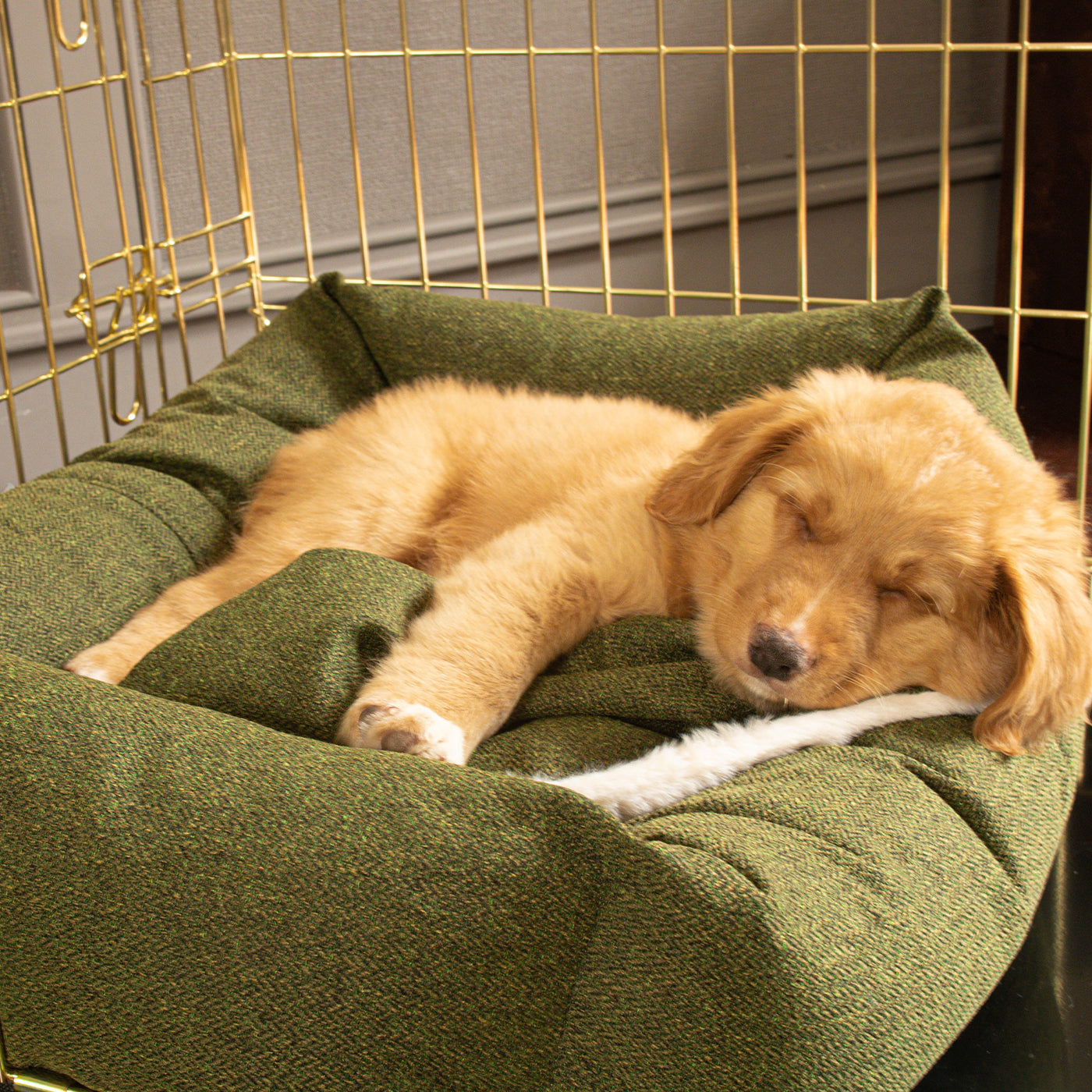 Cosy & Calming Puppy Crate Bed With Removable Covers In Moss Orkney Tweed by Lords & Labradors