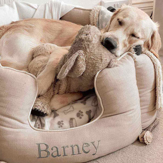 Discover Our Luxurious High Wall Bed For Dogs, Featuring inner pillow with plush teddy fleece on one side To Craft The Perfect Dog Bed In Stunning Savanna Oatmeal! Available To Personalise Now at Lords & Labradors    