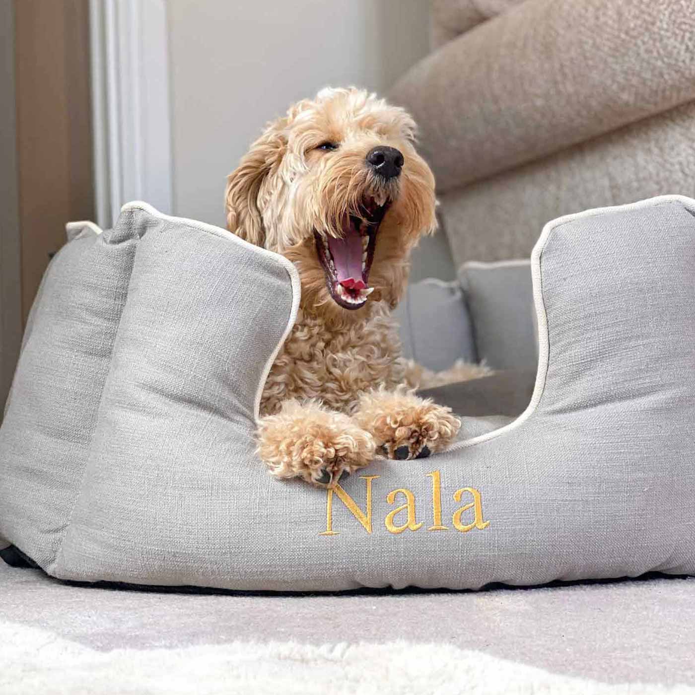 Discover Our Luxurious High Wall Bed For Dogs, Featuring inner pillow with plush teddy fleece on one side To Craft The Perfect Dog Bed In Stunning Stone! Available To Personalise Now at Lords & Labradors 