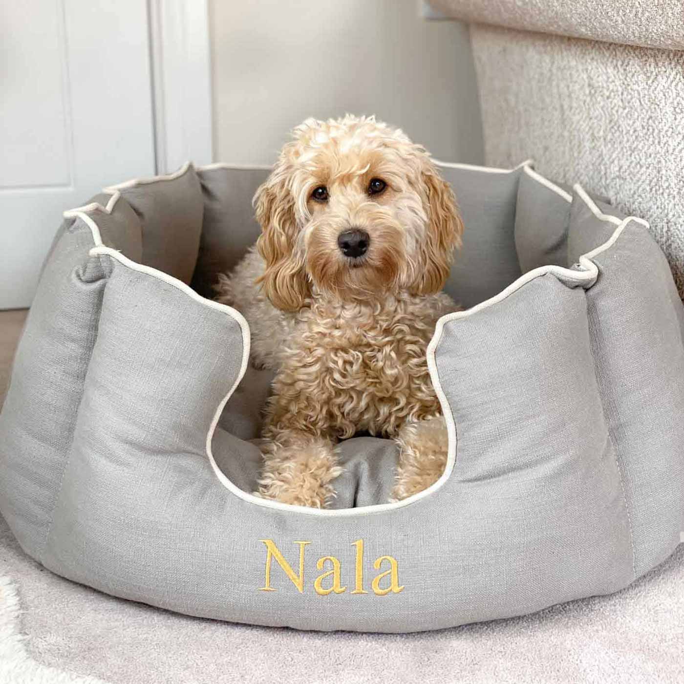 Discover Our Luxurious High Wall Bed For Dogs, Featuring inner pillow with plush teddy fleece on one side To Craft The Perfect Dog Bed In Stunning Stone! Available To Personalise Now at Lords & Labradors
