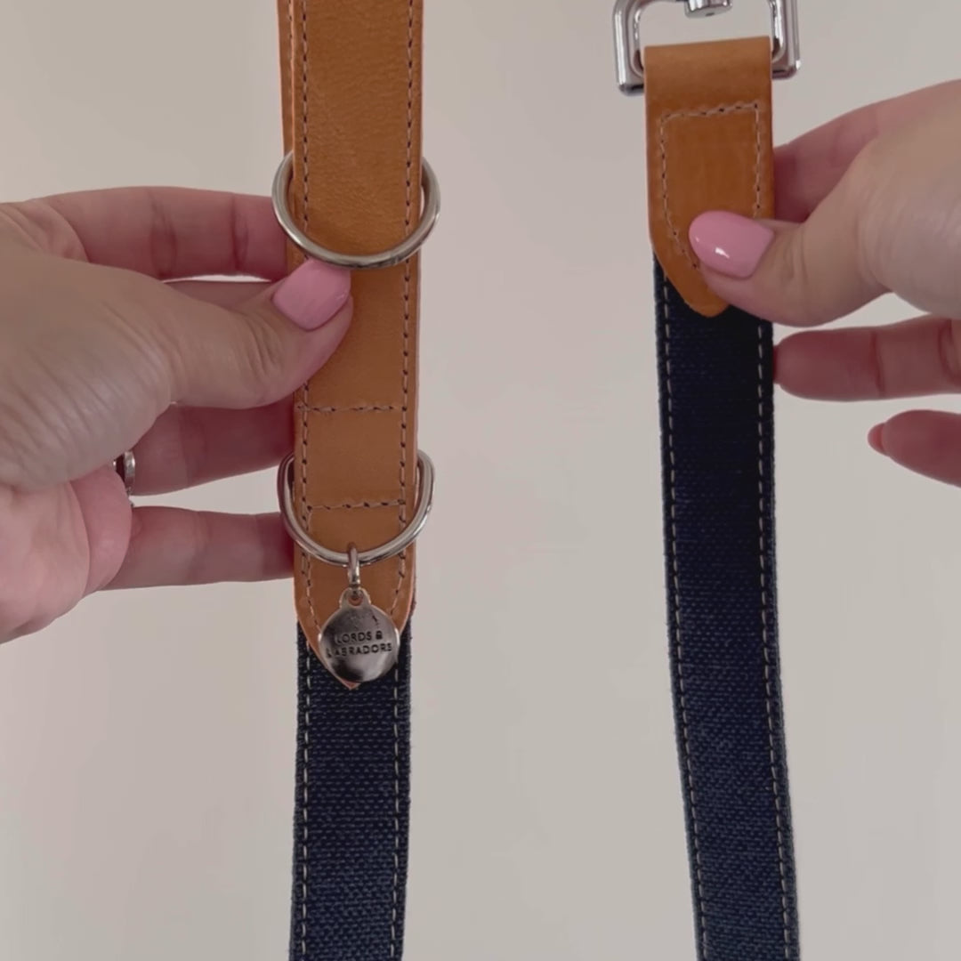 Discover dog walking luxury with our handcrafted Italian dog lead in beautiful essentials twill navy denim with denim blue fabric! The perfect lead for dogs available now at Lords & Labradors 