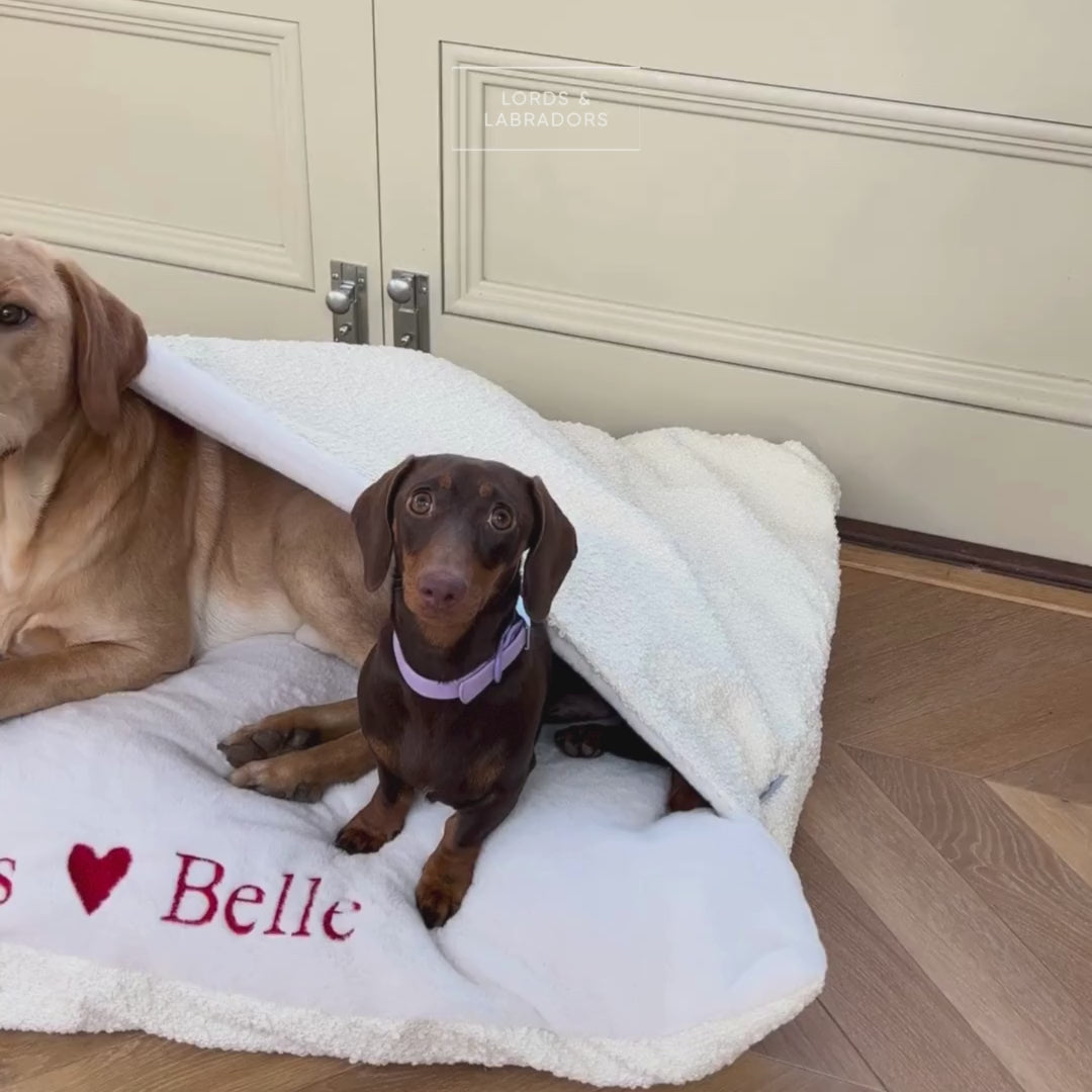 Luxury Ivory Boucle Sleepy Burrow Valentine Edition, The Perfect bed For a Pet to Burrow. Available To Personalise In Stunning Ivory Bouclé Here at Lords & Labradors