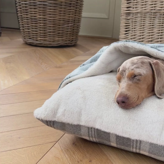 Discover The Perfect Burrow For Your Pet, Our Stunning Sleepy Burrow Dog Beds In Dove Grey Tweed Is The Perfect Bed Choice For Your Pet, Available Now at Lords & Labradors