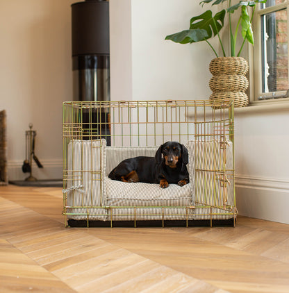 Discover our Luxury Dog Crate Bumper, in Regency Stripe. The Perfect Dog Crate Accessory, Available To Personalise Now at Lords & Labradors