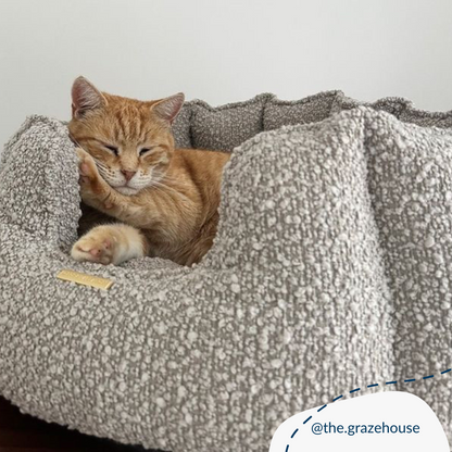 Discover Our Luxurious High Wall Bed For Cats & Kittens, Featuring inner pillow with plush teddy fleece on one side To Craft The Perfect Cat Bed In Stunning Mink Boucle! Available To Personalise Now at Lords & Labradors 