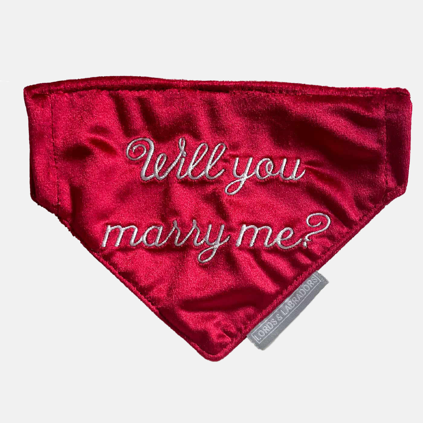 Discover The Perfect Bandana For Dogs, 'Will You Marry Me?' Valentine Dog Bandana In Luxury Cranberry Velvet, Available Now at Lords & Labradors