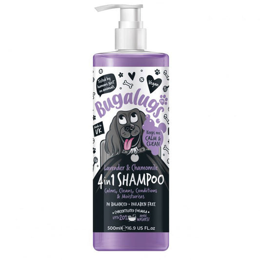Discover, Bugalugs 4 In 1 Lavender & Chamomile. Shampoo is a gentle, PH-balanced shampoo specifically designed for dogs. It cleans, conditions, moisturizes, and calms irritated, anxious dogs with its concentrated formula of lavender and chamomile essential oils. Available at Lords and Labradors
