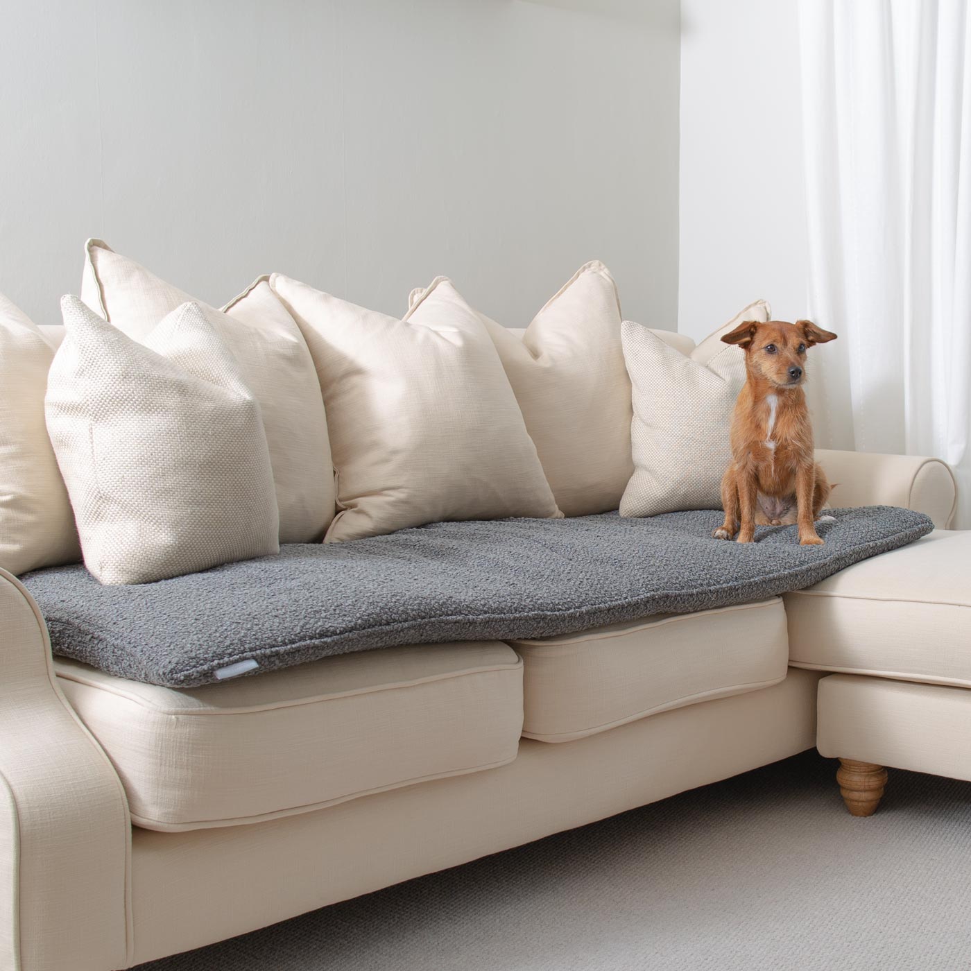 [colour:granite boucle]  Discover Our Luxury Boucle sofa Topper, The Perfect Pet sofa Accessory In Stunning Granite! Available Now at Lords & Labradors