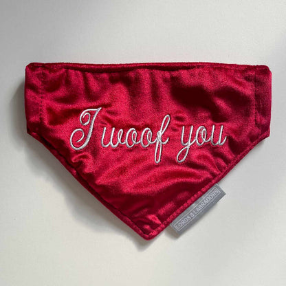Discover The Perfect Bandana For Dogs, 'I Woof You' Valentine Dog Bandana In Luxury Cranberry Velvet, Available Now at Lords & Labradors