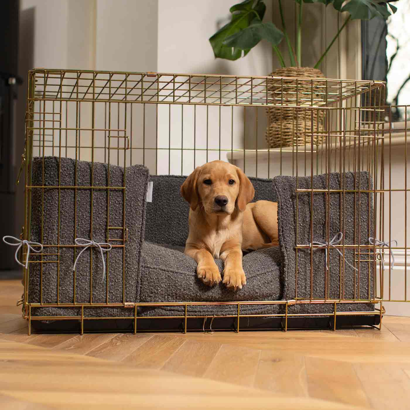 Discover our Luxury Dog Crate Bumper, in Granite Bouclé. The Perfect Dog Crate Accessory, Available To Personalise Now at Lords & Labradors