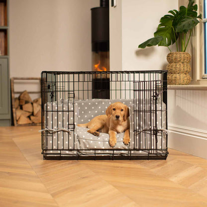 Discover our Luxury Dog Crate Bumper, in Grey Spot. The Perfect Dog Crate Accessory, Available To Personalise Now at Lords & Labradors